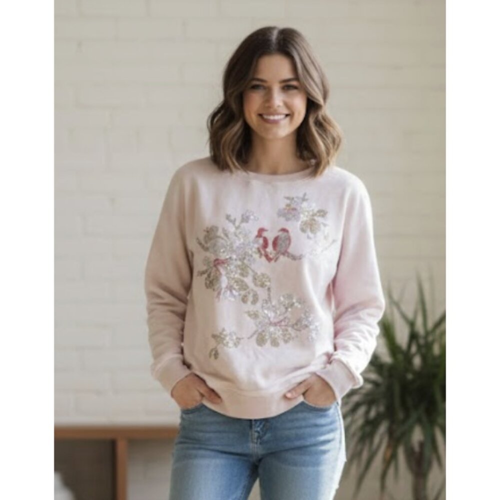 CAMOUFLAGE COUTURE STORK Embellished Bird Floral Oversized Casual Sweatshirt